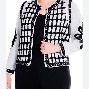 NIC+ZOE Black and White Grid-Embroidered Open Cardigan